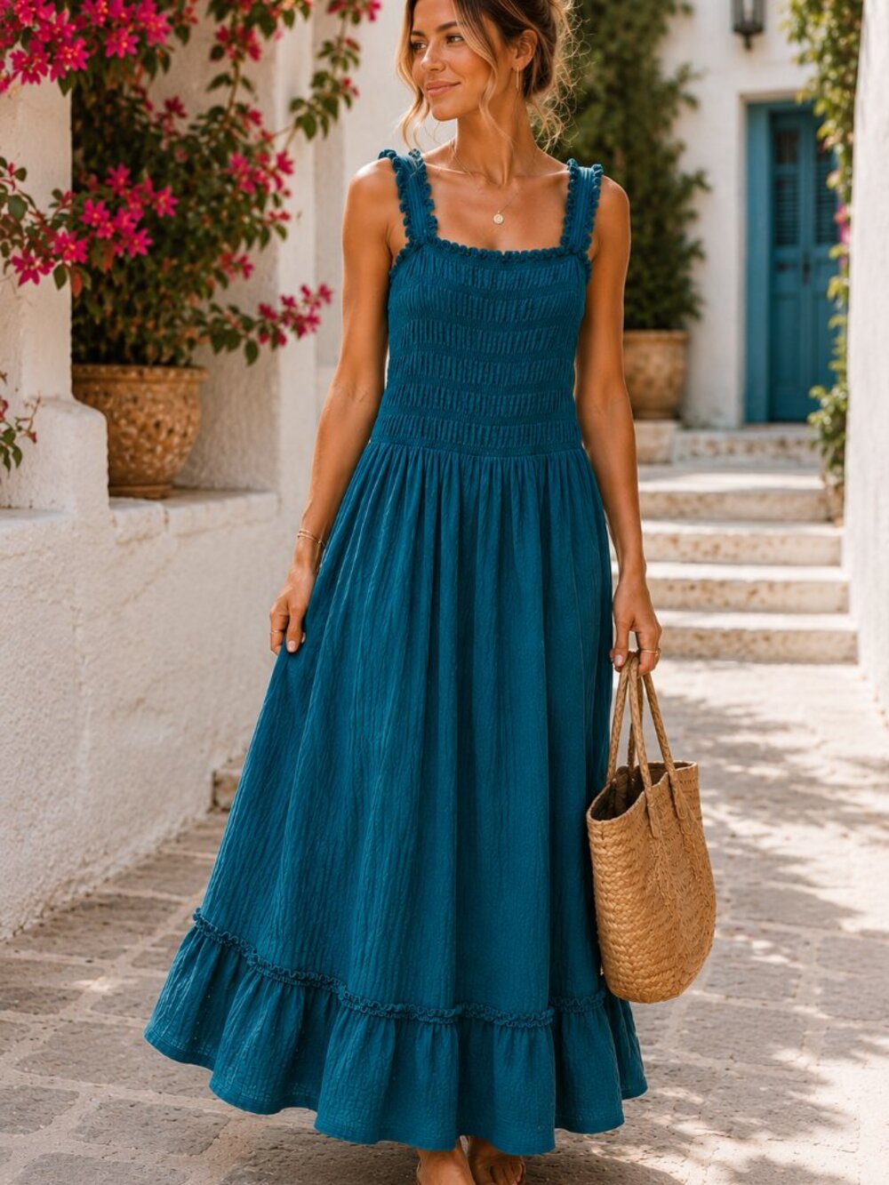 Anthropologie 100% Cotton Gauze Smocked Maxi Dress Teal Cross Back M